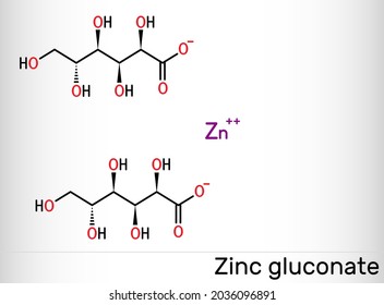 Zinc gluconate molecule. It is ionic compound, zinc salt of gluconic acid, trace mineral supplement. Skeletal chemical formula. Vector illustration