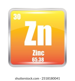 Ícone de zinco. Elemento Zn. Número atômico 30. Massa atômica 65.38.