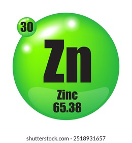 Ícone de zinco. Zn elemento químico. Número atômico 30. Massa 65,38. Imagem de esfera verde. Símbolo de vetor.