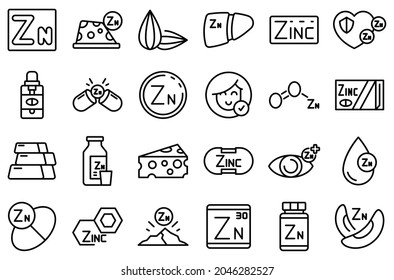 Zinc icons set outline vector. Mineral supplement. Vitamin food