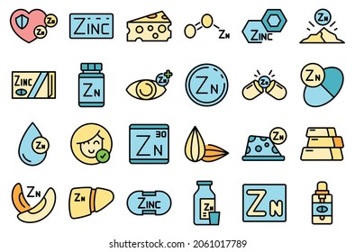 Zinc Icons Set Outline Vector. Mineral Supplement. Vitamin Food