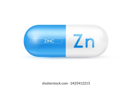 Cápsula de minerales de zinc azul 3D aislado sobre fondo blanco. Los nutrientes necesarios para el organismo ayudan a mantener el cerebro y los huesos. Concepto de cuidado de la salud de suplemento dietético. Ilustración vectorial EPS10.