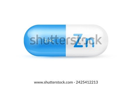 Zinc minerals capsule blue 3D isolated on white background. Nutrients necessary for the body helps maintain brain and bone. Dietary supplement health care concept. Vector EPS10 illustration.