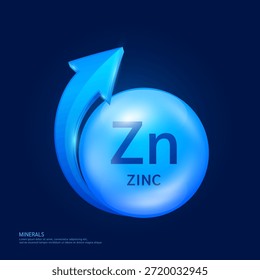 Los minerales de zinc forman un círculo de bolas azul con una flecha sobre un fondo oscuro. Complejo de vitaminas minerales suplemento esencial para la salud. Nutrición alimentaria y medicina. Concepto de ciencia médica. Vector 3D.