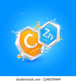 Zinc minerals in hexagon blue and Vitamin C in octagon shape orange with chemical atom molecule orbit around. 3D label nutrition silver. Used for products food and medicine design. Isolated Vector.