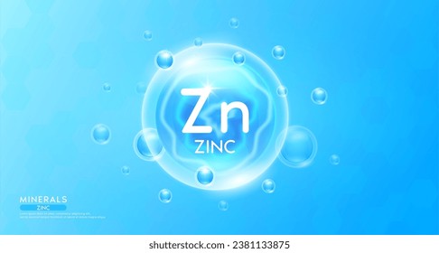 Minerales de zinc dentro de la burbuja azul flotando en el aire. Complemento esencial del complejo de vitaminas para la atención de la salud. Para nutrición alimentaria y medicina. Concepto científico médico. Vector 3D del cartel.