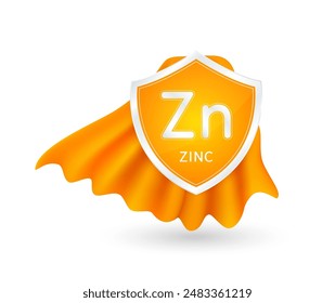 Zinc minerals in shield knight orange cloak. Vitamins essential protect build immunity healthy. For ads dietary supplements medical and pharmacy. Vector EPS10 illustration.