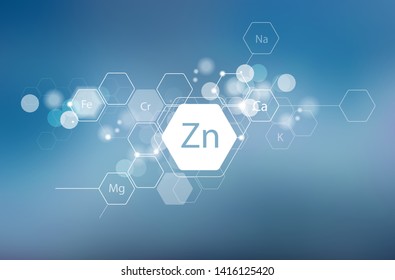 Zinc And Other Essential Minerals For Human Health. Abstract Composition In Modern Style. Scientific Research, Medicine. Schematic Designation Of Zinc.