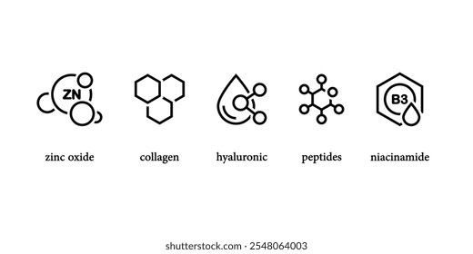 Ícone de óxido de zinco, Colágeno, Hialurônico, Peptídeos e Niacinamida Vetor Ilustração Ícone Set