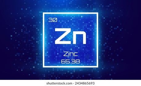 Zinc. Periodic Table Element with Symbol Zn. Chemical Element Card with Number and Atomic Weight. Design for Education, Lab, Science Class. Vector Illustration.