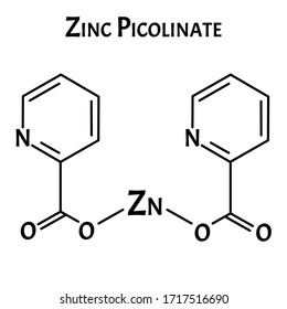 Zinc picolinate molecular chemical formula. Zinc infographics. Vector illustration on isolated background.