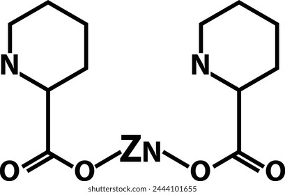 Zinc picolinate molecular chemical formula icon. Zinc infographics sign. Chemical structure of Zinc picolinate (C12H8N2O4Zn) symbol. flat style.