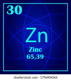 Zinc simple style tile icon. Chemical element of periodic table. Atom on a blue background