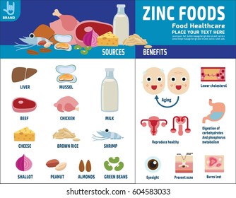 Zinc. Source And Benefits.
Medical Healthcare Concept.
Foods Healthy Infographic Elements. Nutrient And Minerals 
Vector Flat Icon Design Illustration Template
Brochure Layout Flyer Leaflet