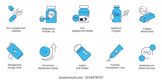 Suplemento de zinc, Tarro de polvo de magnesio, Botella de suplemento de hierro, Cuentagotas de selenio, Barra mineral de cobre, Bebida energética de manganeso, Impulso del metabolismo del cromo, Conjunto de iconos de Vector de coctelera de sal de yodo