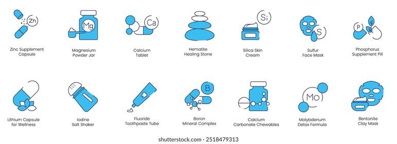 Zinc Supplement, Magnesium Powder Jar, Calcium Tablet, Hematite Healing Stone, Silica Skin Cream, Sulfur Face Mask, Phosphorous Supplement Pill, Lithium Capsule for Well-Being vector icon set