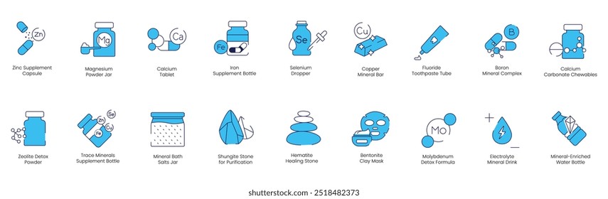 Zinc Supplement, Magnesium Powder Jar, Calcium Tablet, Iron Supplement Bottle, Selenium Dropper, Copper Mineral Bar, Fluoride Toothpaste, Boron Mineral Complex, Calcium Carbonate Chewable vector icons