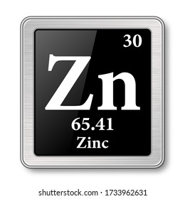 Zinc symbol.Chemical element of the periodic table on a glossy black background in a silver frame.Vector illustration.