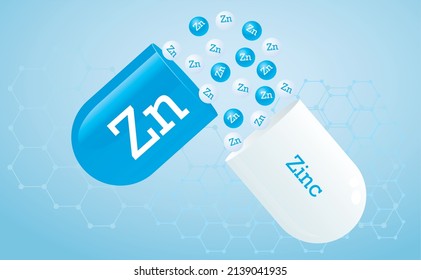 Zinc, elemento de seguimiento. Zn, cápsula con icono de elemento. Minerales curadores. Cuadrícula de hexacloros de fondo médico en color azul. Cartel. Ilustración del vector