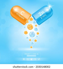 Zinc Zn vitamina C azul y naranja con solución de cápsula en suero. Sobre fondo blanco. La loción cosmética natural para la cara o el cuerpo. Belleza y Conceptos de Medicina. EPS10 de vectores realistas 3D.