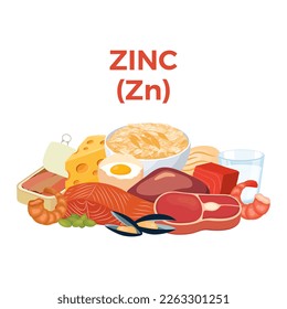 Zinc (Zn) in food icon vector. Zinc food sources vector illustration isolated on a white background. Meat, beef, seafood, mussel, oat, seeds vector. Pile of healthy fresh food drawing