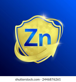 Zinc Zn minerals in shine gold shield surrounded by arrows. Vitamins immunity boosting. Symbol 3D isolated on blue background. Used for design dietary supplement products. Vector EPS10 illustration.