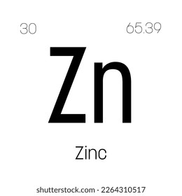 Zinc, Zn, periodic table element with name, symbol, atomic number and weight. Post-transition metal with various industrial uses, such as in certain types of alloys, and as a component in certain