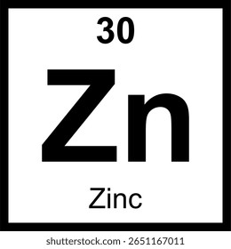 Quadro periódico de zinco (Zn) dos elementos. Ícone com número atômico 30. Metal utilizado para galvanizar aço e como suplemento dietético. Educação científica.