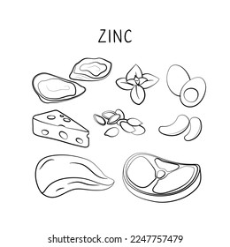 Zinc-containing food. Groups of healthy products containing vitamins and minerals. Set of fruits, vegetables, meats, fish and dairy