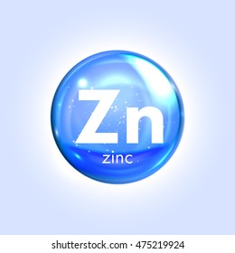 Zincum  mineral blue icon. Vector 3D glossy drop pill capsule. Zink Mineral and vitamin complex. Healthy life medical and dietary supplement