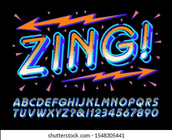 Zing! is a happy and fun vector alphabet. This festive layered lettering font is good for parties, birthdays, greeting cards, banners and posters.