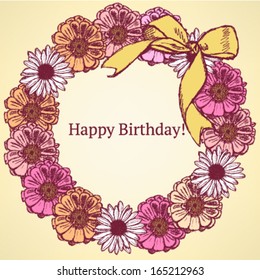 Zinnia and daisy flower circle with bow, vector Birthday pattern 