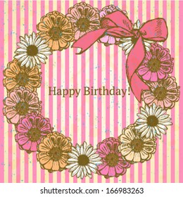 Zinnia and daisy flower circle with bow, vector Birthday pattern 