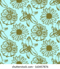 Zinnia, daisy and lily, vector seamless pattern