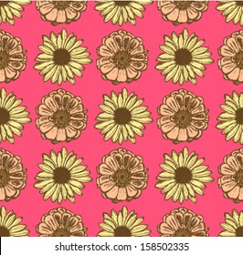 Zinnia and daisy, vector seamless pattern 