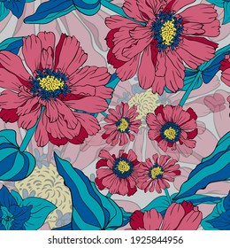 Zinnia flower. Garden and meadow plant zinnia. Seamless vector pattern with flowers. Hand drawing.