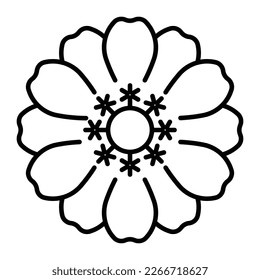 Zinnia flower, icon. Blooming flower head, top view. The botany in minimalist style. Editable stroke, linear illustration, flat vector