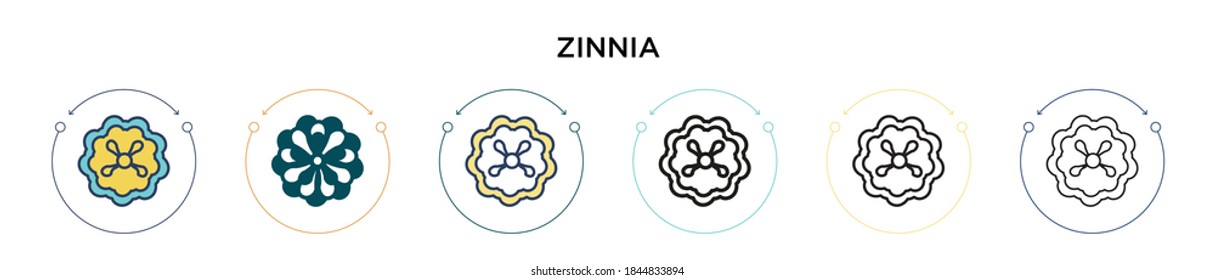 Zinnia icon in filled, thin line, outline and stroke style. Vector illustration of two colored and black zinnia vector icons designs can be used for mobile, ui, web