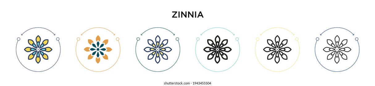 Zinnia icon in filled, thin line, outline and stroke style. Vector illustration of two colored and black zinnia vector icons designs can be used for mobile, ui, web