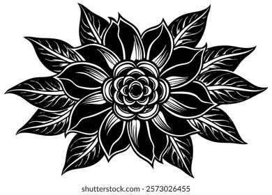 A zinnia with swirling, ribbon-like floral graphics around it, detailed design, contour, white background