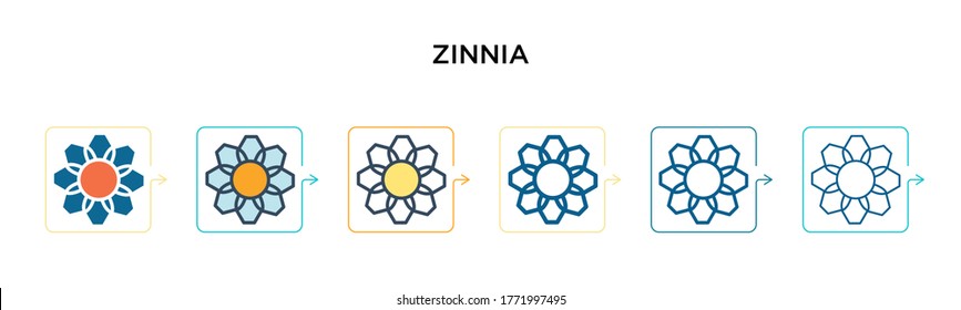 Zinnia vector icon in 6 different modern styles. Black, two colored zinnia icons designed in filled, outline, line and stroke style. Vector illustration can be used for web, mobile, ui