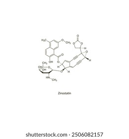 Zinostatin flat skeletal molecular structure Antineoplastic drug used in cancer treatment. Vector illustration scientific diagram.
