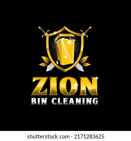 Zion Bin Cleaning Logo Design. Trash Bin Cleaning With Sword Shield Theme. Gold Color And Black Background With Luxury And Elegant Feel.