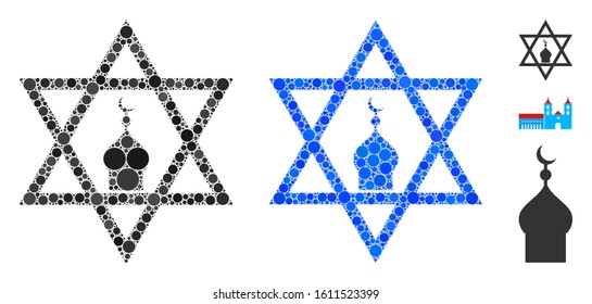 Zion composition of small circles in various sizes and color tints, based on zion icon. Vector random circles are grouped into blue composition. Dotted zion icon in usual and blue versions.