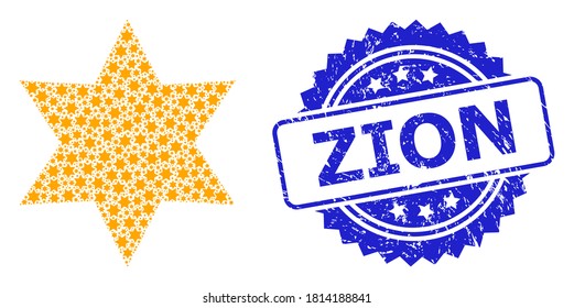 Zion grunge stamp seal and vector recursion collage six corner star. Blue stamp seal has Zion text inside rosette. Vector collage is organized from random rotated six corner star icons.