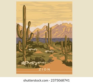 Arte del parque nacional de Sion salvaje y gratuito. Diseño gráfico vectorial de vibes del desierto para camisetas, pegatinas, afiches, arte mural, fondo. Diseño artístico moderno del desierto. Cactus con flor. ilustrat3.