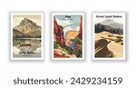 Zion, National Park. Great Basin, National Park. Great Sand Dunes, National Park - Vintage travel poster. Vector illustration. High quality prints