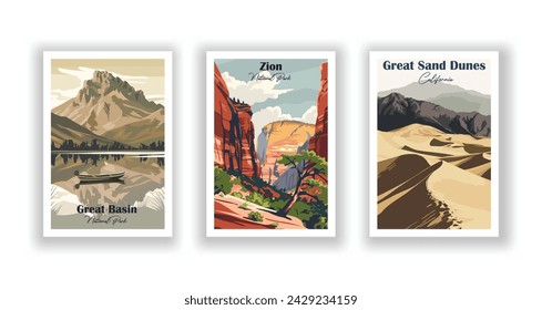 Zion, Parque Nacional. Gran Cuenca, Parque Nacional. Great Sand Dunes, National Park - Cartel de viaje de época. Ilustración vectorial. Impresiones de alta calidad