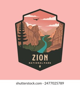 diseño de la ilustración del parche del logotipo del parque nacional de zion, estilo del emblema del Lugar famoso de utah