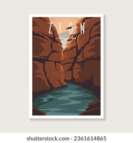 Afiche del Parque Nacional Zion, diseño de ilustraciones vectoriales, afiches de cañones y ríos